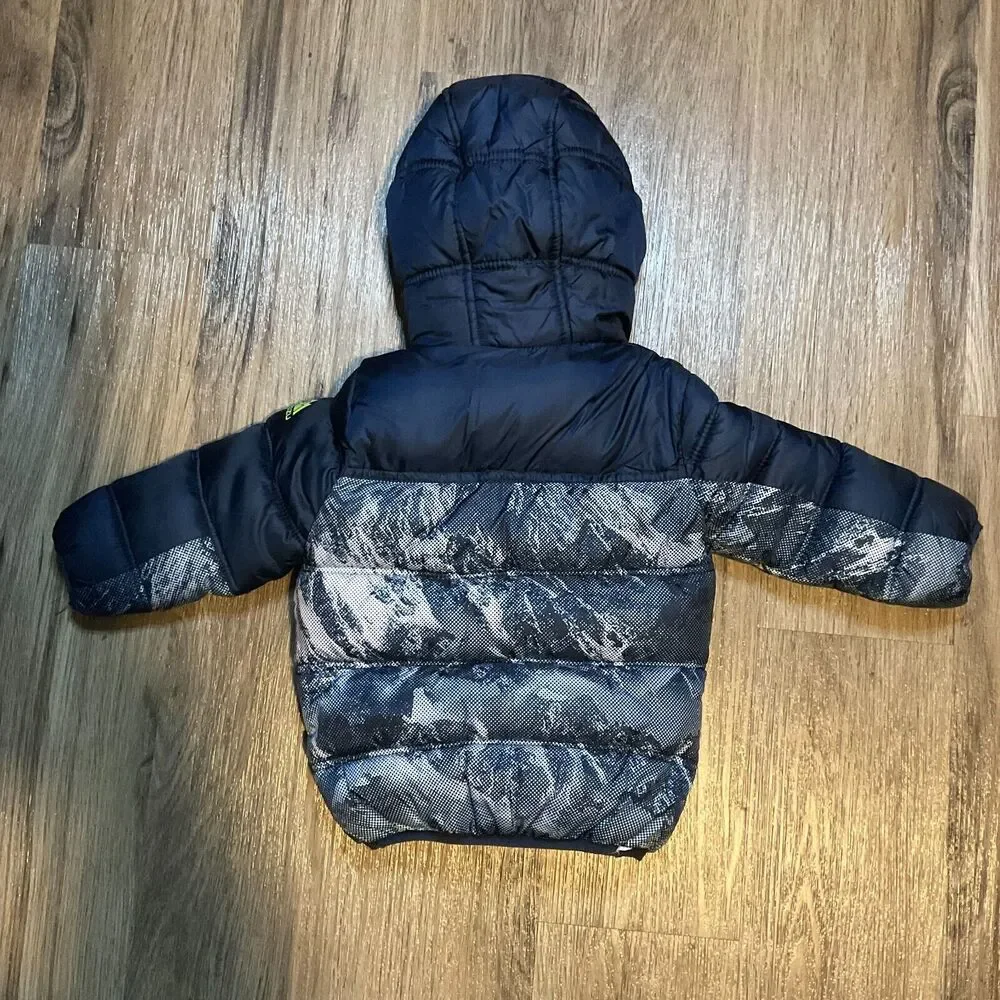 SNOZU KIDS BOYS PUFFER FLEECE LINED SKI JACKET 2T HOODED WINTER COAT BLUE YELLOW